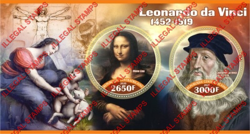Central African Republic 2020 Leonardo da Vinci Paintings Illegal Stamp Souvenir Sheet of 2 Central African Republic 2020 Leonardo da Vinci Paintings Illegal Stamp Souvenir Sheet of 2