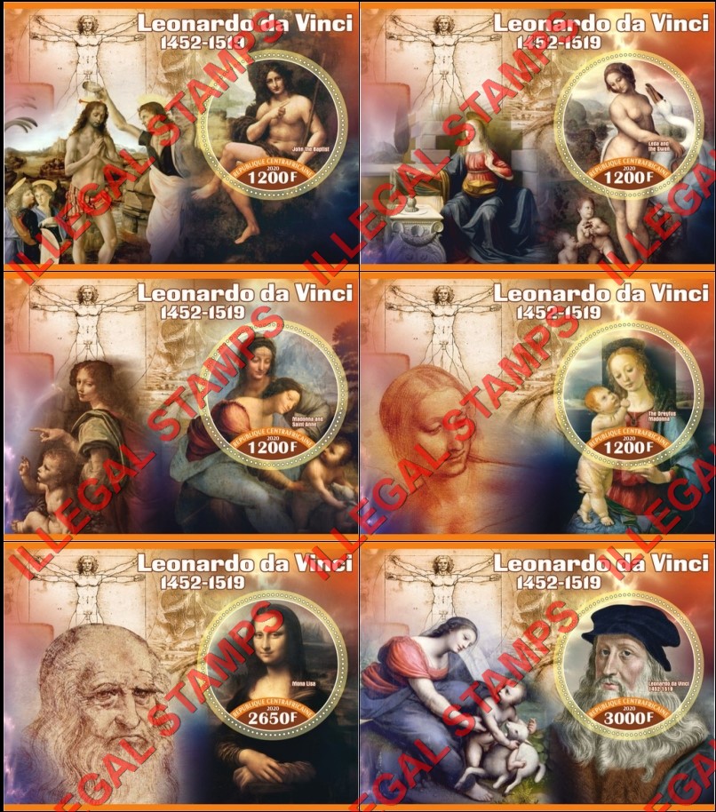 Central African Republic 2020 Leonardo da Vinci Paintings Illegal Stamp Souvenir Sheets of 1 Central African Republic 2020 Leonardo da Vinci Paintings Illegal Stamp Souvenir Sheets of 1