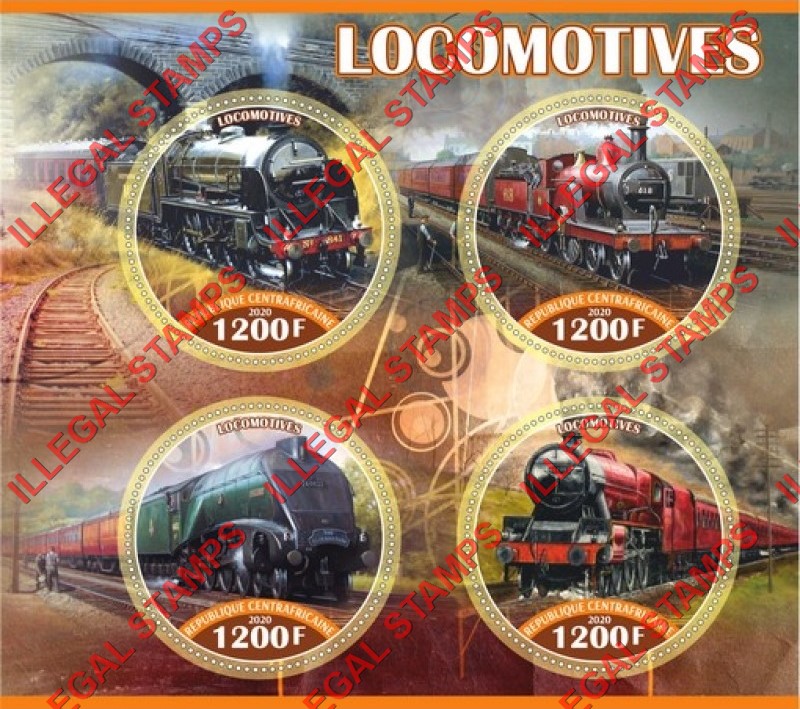 Central African Republic 2020 Locomotives Illegal Stamp Souvenir Sheet of 4 Central African Republic 2020 Locomotives Illegal Stamp Souvenir Sheet of 4