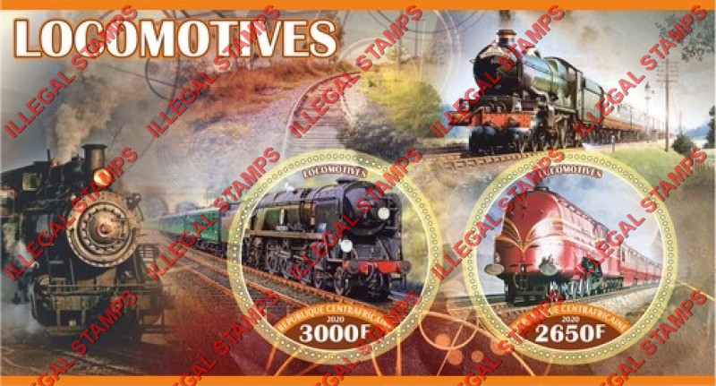 Central African Republic 2020 Locomotives Illegal Stamp Souvenir Sheet of 2 Central African Republic 2020 Locomotives Illegal Stamp Souvenir Sheet of 2