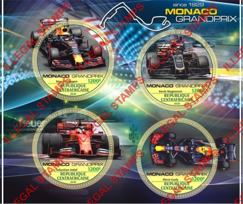 Central African Republic 2020 Monaco Grand Prix Illegal Stamp Souvenir Sheet of 4 Central African Republic 2020 Monaco Grand Prix Illegal Stamp Souvenir Sheet of 4