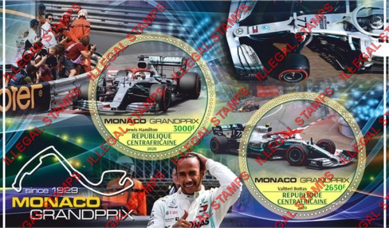 Central African Republic 2020 Monaco Grand Prix Illegal Stamp Souvenir Sheet of 2 Central African Republic 2020 Monaco Grand Prix Illegal Stamp Souvenir Sheet of 2