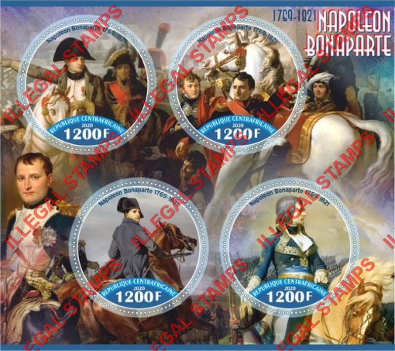 Central African Republic 2020 Napoleon Bonaparte (different) Illegal Stamp Souvenir Sheet of 4 Central African Republic 2020 Napoleon Bonaparte (different) Illegal Stamp Souvenir Sheet of 4