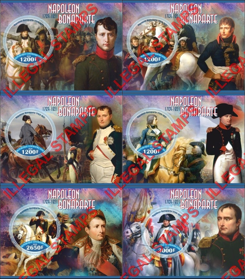 Central African Republic 2020 Napoleon Bonaparte (different) Illegal Stamp Souvenir Sheets of 1 Central African Republic 2020 Napoleon Bonaparte (different) Illegal Stamp Souvenir Sheets of 1