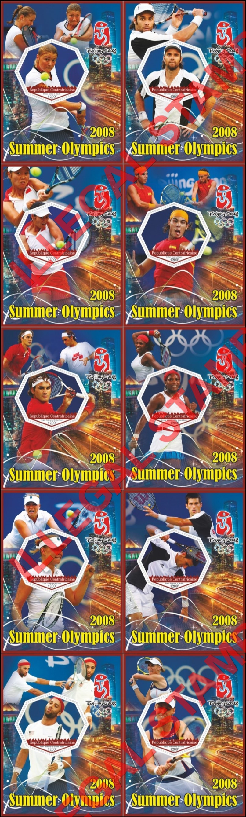 Central African Republic 2020 Olympic Games in Beijing in 2008 Tennis Illegal Stamp Souvenir Sheets of 1 Central African Republic 2020 Olympic Games in Beijing in 2008 Tennis Illegal Stamp Souvenir Sheets of 1