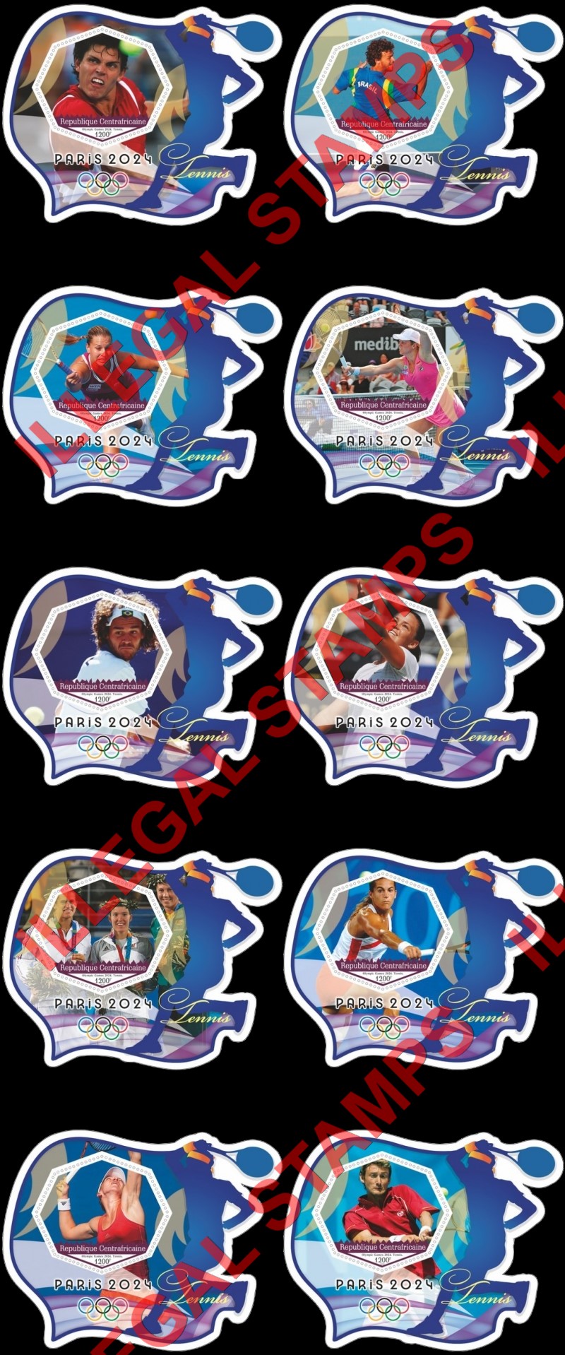 Central African Republic 2020 Olympic Games in Paris in 2024 Tennis Illegal Stamp Souvenir Sheets of 1 Central African Republic 2020 Olympic Games in Paris in 2024 Tennis Illegal Stamp Souvenir Sheets of 1
