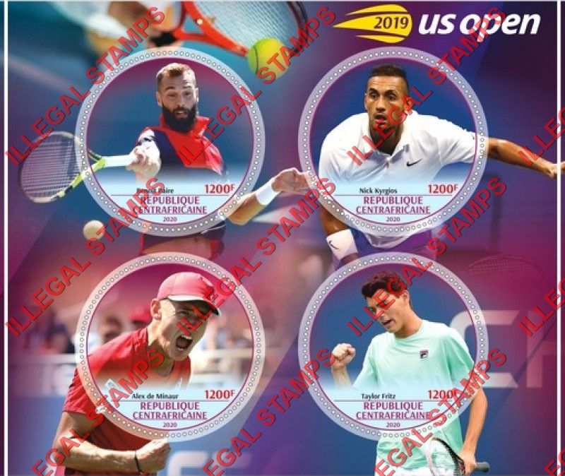Central African Republic 2020 Tennis Players in the 2019 U.S. Open Illegal Stamp Souvenir Sheet of 4 Central African Republic 2020 Tennis Players in the 2019 U.S. Open Illegal Stamp Souvenir Sheet of 4
