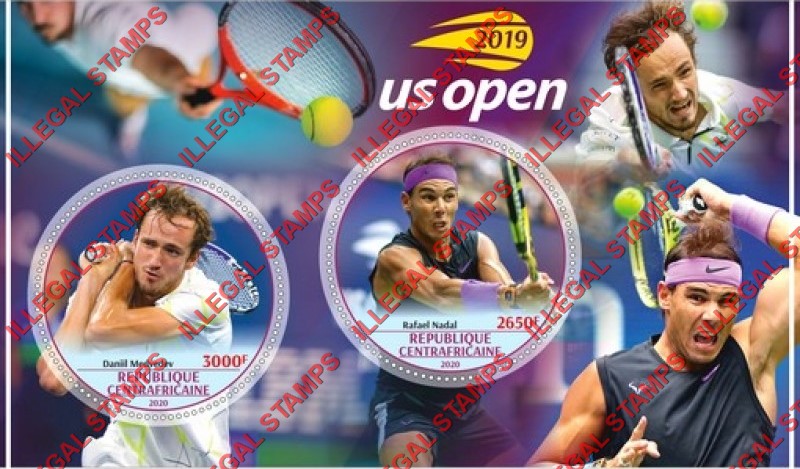 Central African Republic 2020 Tennis Players in the 2019 U.S. Open Illegal Stamp Souvenir Sheet of 2 Central African Republic 2020 Tennis Players in the 2019 U.S. Open Illegal Stamp Souvenir Sheet of 2