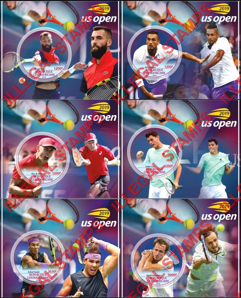 Central African Republic 2020 Tennis Players in the 2019 U.S. Open Illegal Stamp Souvenir Sheets of 1 Central African Republic 2020 Tennis Players in the 2019 U.S. Open Illegal Stamp Souvenir Sheets of 1