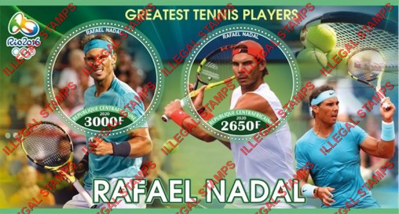 Central African Republic 2020 Tennis Rafael Nadal Illegal Stamp Souvenir Sheet of 2 Central African Republic 2020 Tennis Rafael Nadal Illegal Stamp Souvenir Sheet of 2
