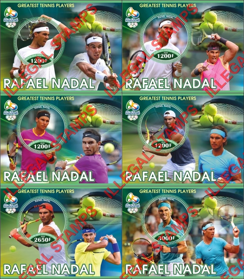 Central African Republic 2020 Tennis Rafael Nadal Illegal Stamp Souvenir Sheets of 1 Central African Republic 2020 Tennis Rafael Nadal Illegal Stamp Souvenir Sheets of 1
