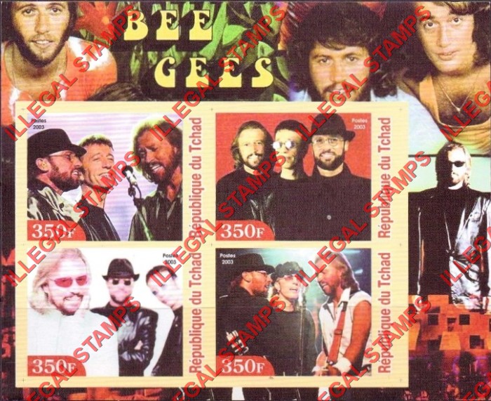 Chad 2003 The Bee Gees Illegal Stamps in Souvenir Sheet of 4 Chad 2003 The Bee Gees Illegal Stamps in Souvenir Sheet of 4