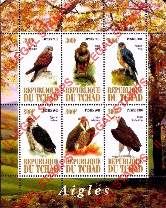 Chad 2010 Birds of Prey Eagles Illegal Stamps in Souvenir Sheet of 6 Chad 2010 Birds of Prey Eagles Illegal Stamps in Souvenir Sheet of 6