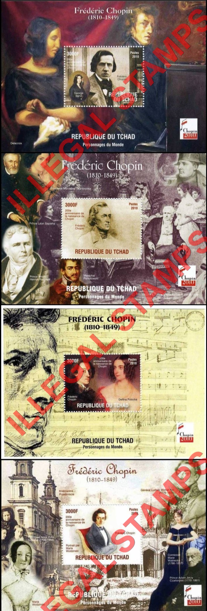 Chad 2010 Frederic Chopin Illegal Stamps in Souvenir Sheets of 1 Chad 2010 Frederic Chopin Illegal Stamps in Souvenir Sheets of 1