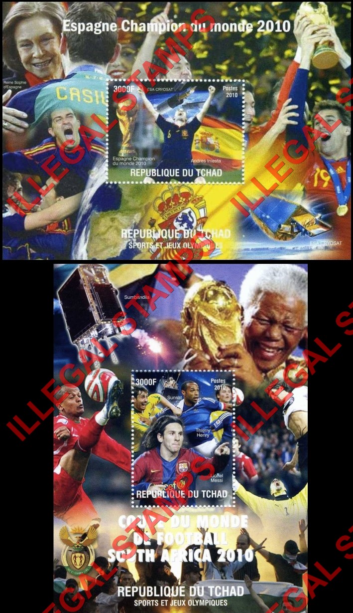 Chad 2010 Football Soccer Illegal Stamps in Souvenir Sheets of 1 Chad 2010 Football Soccer Illegal Stamps in Souvenir Sheets of 1