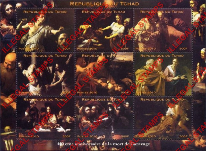 Chad 2010 Paintings by Caravaggio Illegal Stamps in Sheet of 9 Chad 2010 Paintings by Caravaggio Illegal Stamps in Sheet of 9