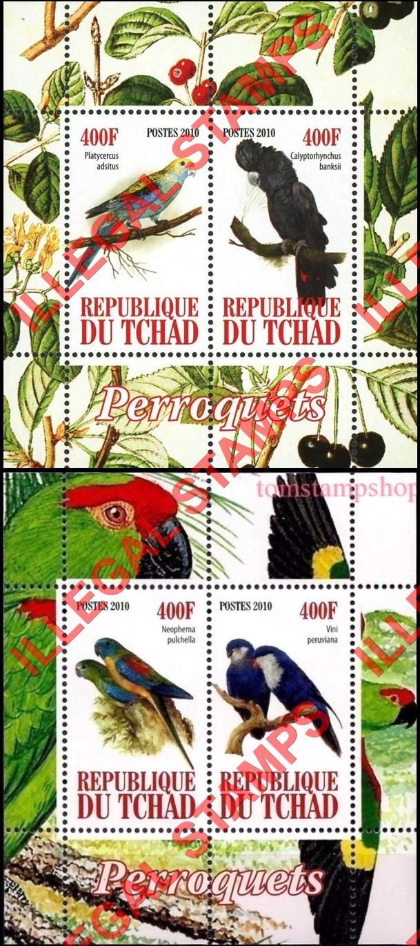 Chad 2010 Parrots Illegal Stamps in Souvenir Sheets of 2 Chad 2010 Parrots Illegal Stamps in Souvenir Sheets of 2