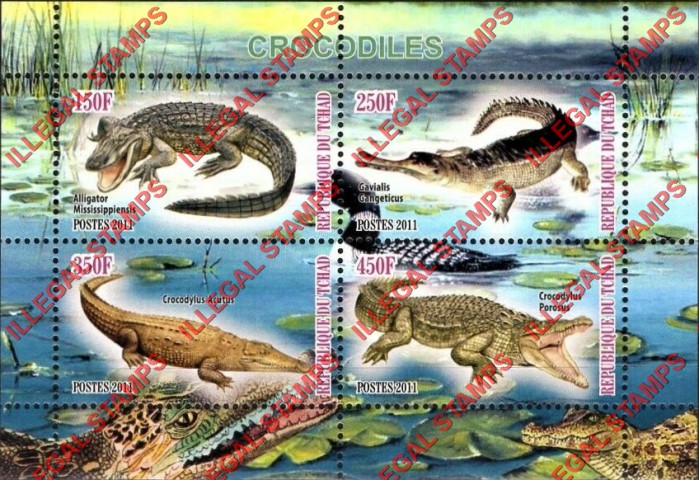 Chad 2011 Crocodiles Illegal Stamps in Souvenir Sheet of 4 Chad 2011 Crocodiles Illegal Stamps in Souvenir Sheet of 4