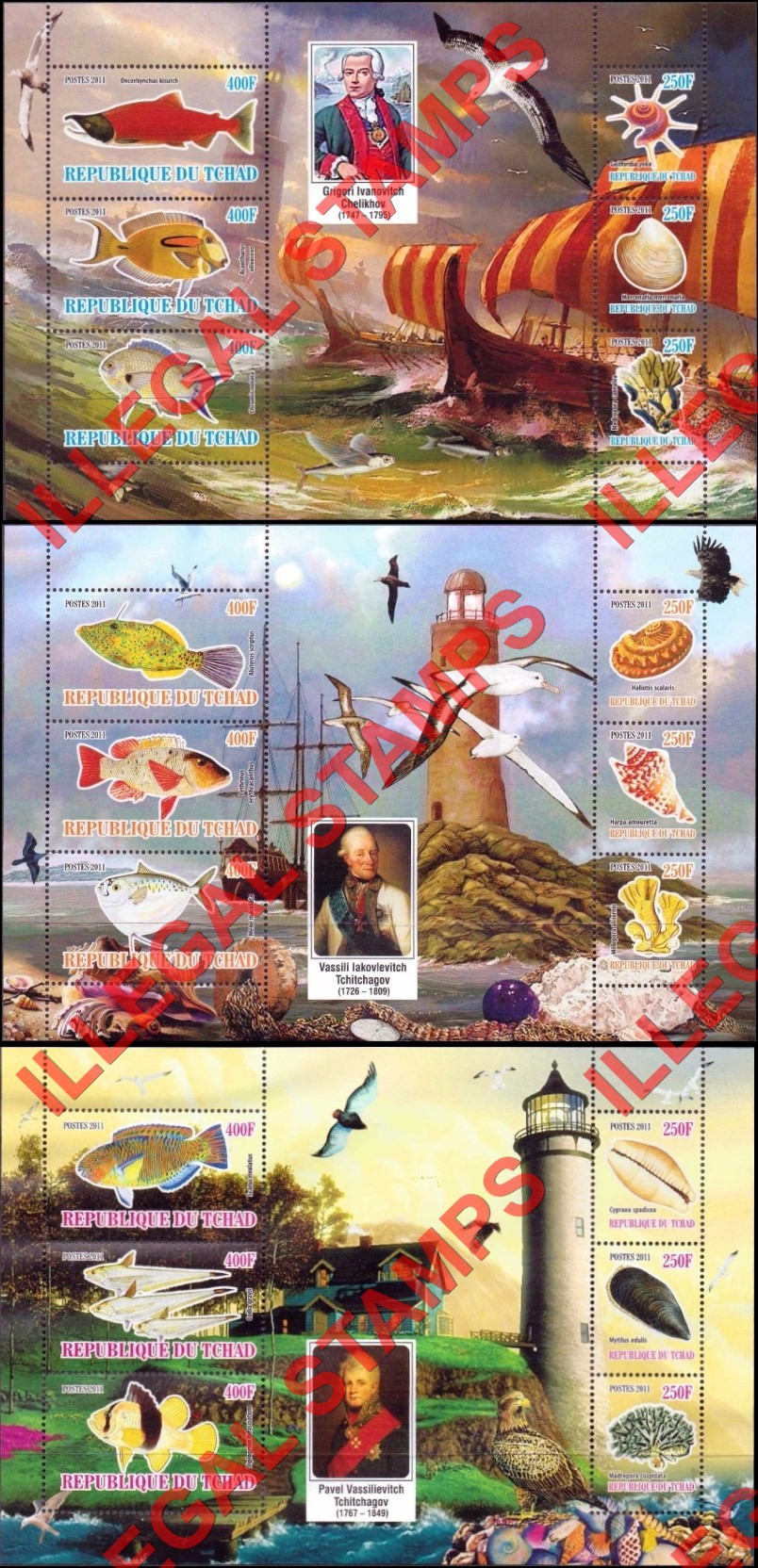 Chad 2011 Fish Shells and Lighthouses Illegal Stamps in Souvenir Sheets of 6 (Part 3) Chad 2011 Fish Shells and Lighthouses Illegal Stamps in Souvenir Sheets of 6 (Part 3)