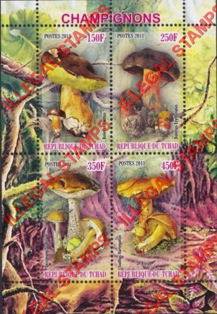 Chad 2011 Mushrooms Illegal Stamps in Souvenir Sheet of 4 Chad 2011 Mushrooms Illegal Stamps in Souvenir Sheet of 4