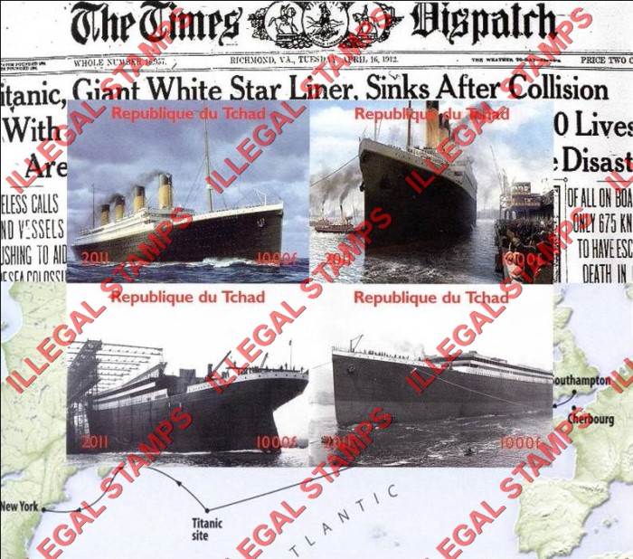 Chad 2011 Titanic Illegal Stamps in Souvenir Sheet of 4 Chad 2011 Titanic Illegal Stamps in Souvenir Sheet of 4