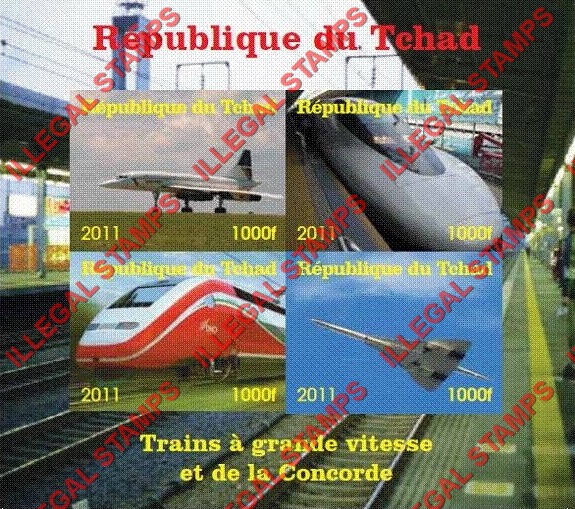 Chad 2011 Trains and Concorde Illegal Stamps in Souvenir Sheet of 4 Chad 2011 Trains and Concorde Illegal Stamps in Souvenir Sheet of 4