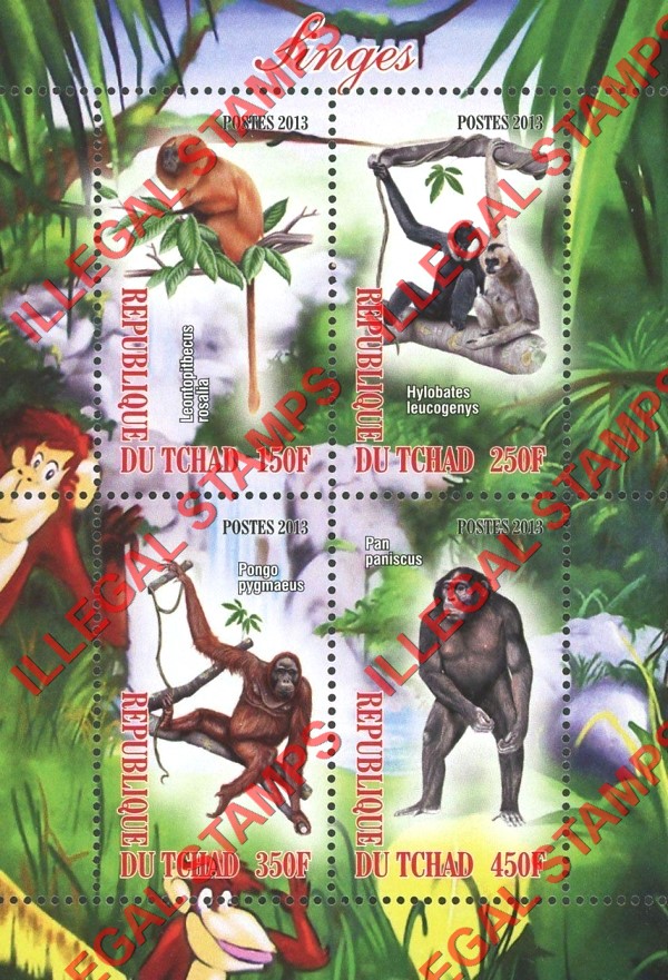 Chad 2013 Apes Monkeys Illegal Stamps in Souvenir Sheet of 4 Chad 2013 Apes Monkeys Illegal Stamps in Souvenir Sheet of 4