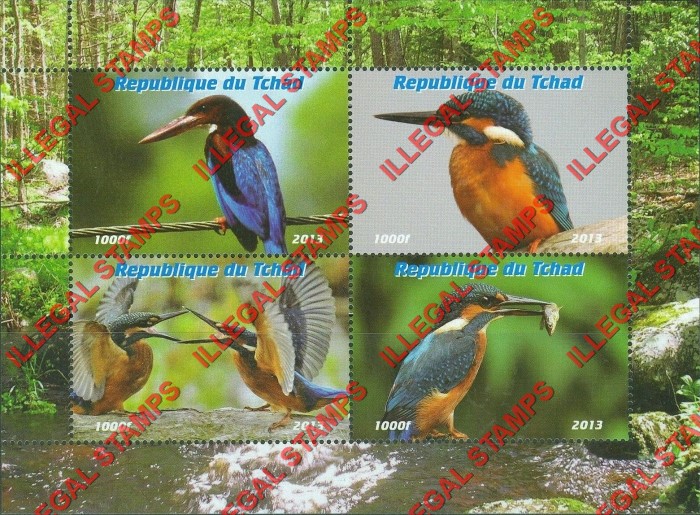 Chad 2013 Birds Kingfishers Illegal Stamps in Souvenir Sheet of 4 Chad 2013 Birds Kingfishers Illegal Stamps in Souvenir Sheet of 4