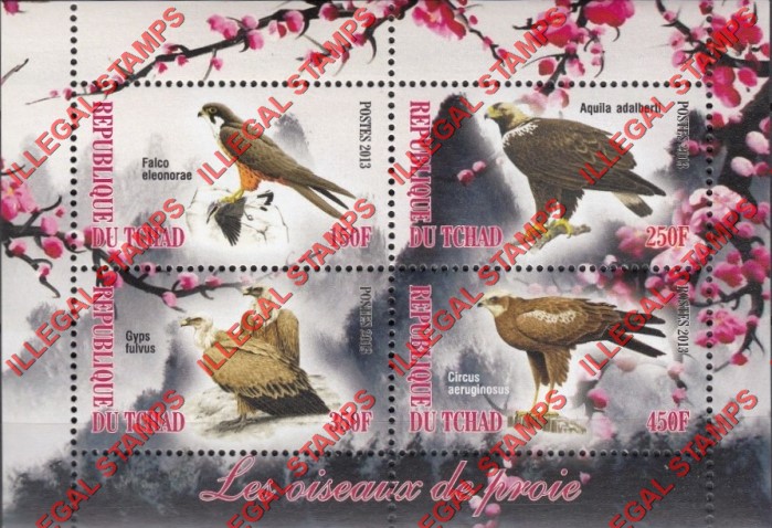 Chad 2013 Birds of Prey Illegal Stamps in Souvenir Sheet of 4 Chad 2013 Birds of Prey Illegal Stamps in Souvenir Sheet of 4