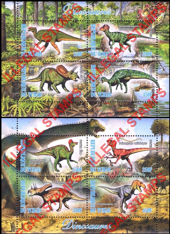 Chad 2013 Dinosaurs Illegal Stamps in Souvenir Sheets of 4 Chad 2013 Dinosaurs Illegal Stamps in Souvenir Sheets of 4