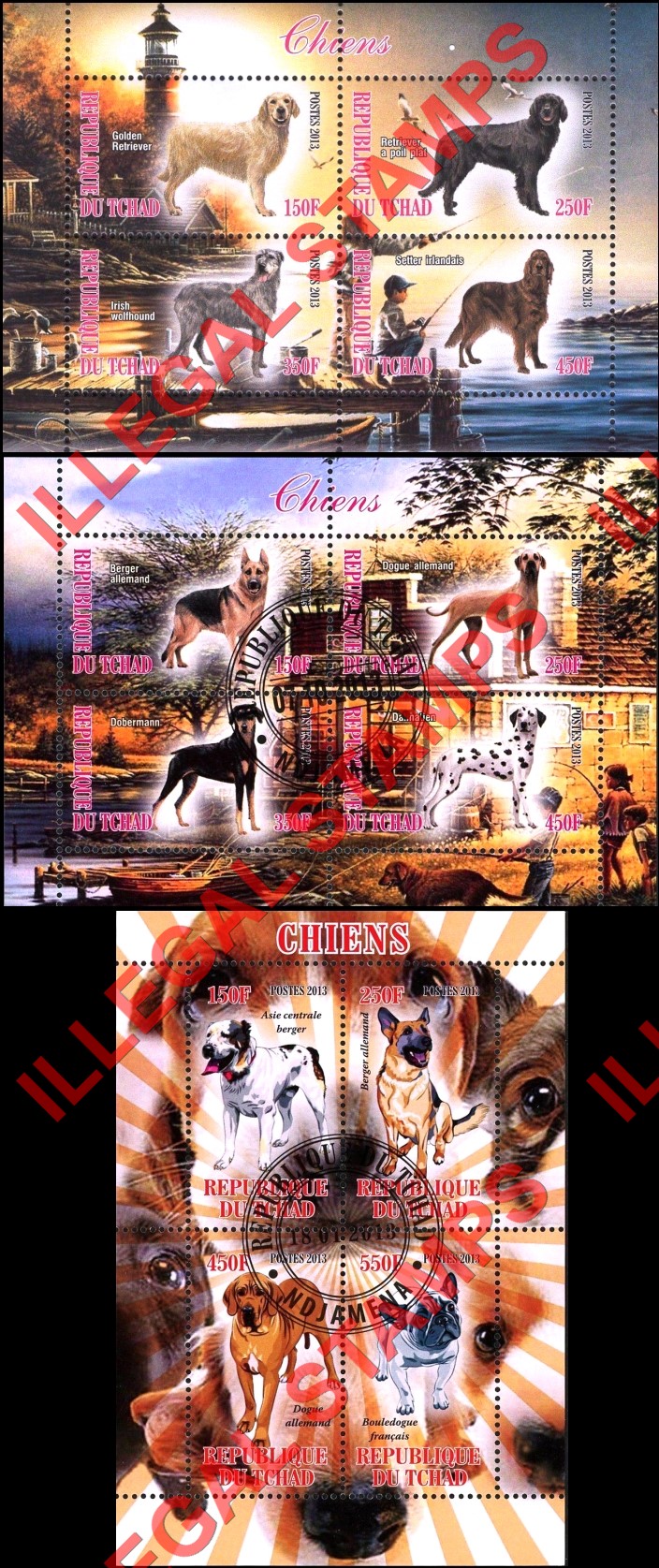 Chad 2013 Dogs Illegal Stamps in Souvenir Sheets of 4 Chad 2013 Dogs Illegal Stamps in Souvenir Sheets of 4