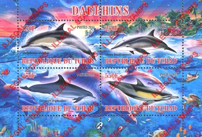Chad 2013 Dolphins Illegal Stamps in Souvenir Sheet of 4 Chad 2013 Dolphins Illegal Stamps in Souvenir Sheet of 4