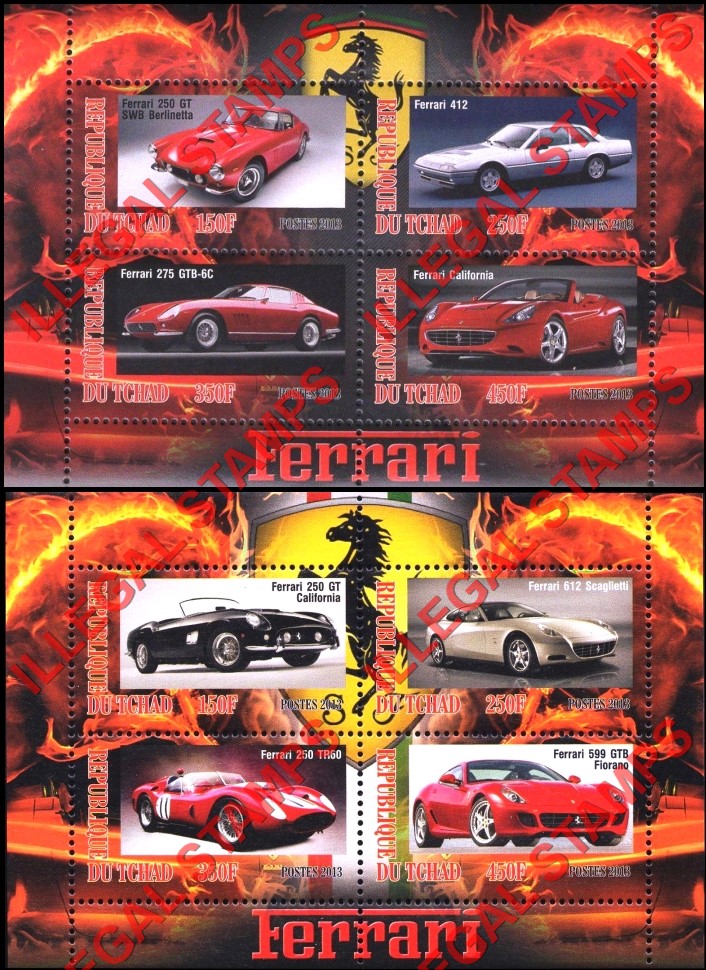 Chad 2013 Ferrari Illegal Stamps in Souvenir Sheets of 4 Chad 2013 Ferrari Illegal Stamps in Souvenir Sheets of 4