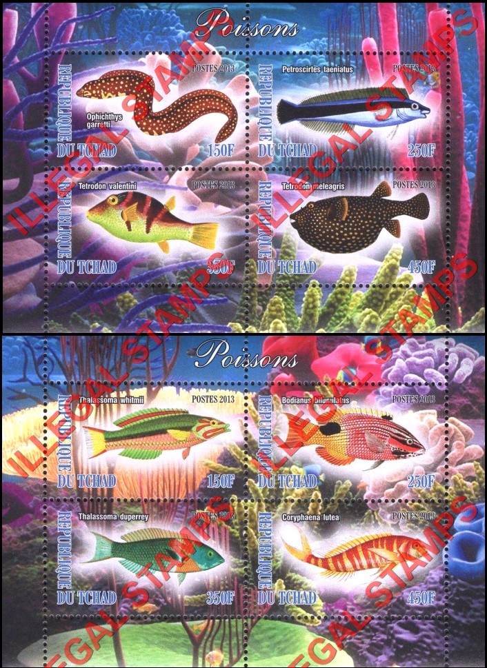 Chad 2013 Fish Illegal Stamps in Souvenir Sheets of 4 Chad 2013 Fish Illegal Stamps in Souvenir Sheets of 4