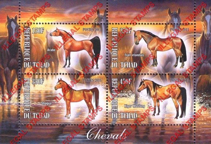 Chad 2013 Horses Illegal Stamps in Souvenir Sheet of 4 Chad 2013 Horses Illegal Stamps in Souvenir Sheet of 4