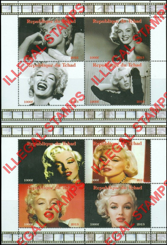 Chad 2013 Marilyn Monroe Illegal Stamps in Souvenir Sheets of 4 Chad 2013 Marilyn Monroe Illegal Stamps in Souvenir Sheets of 4
