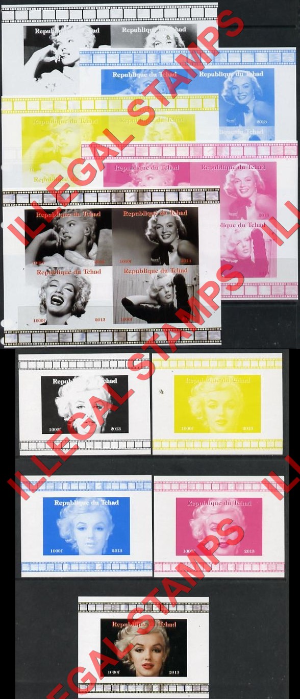 Chad 2013 Marilyn Monroe Illegal Stamps in Color Proof Sets Chad 2013 Marilyn Monroe Illegal Stamps in Color Proof Sets