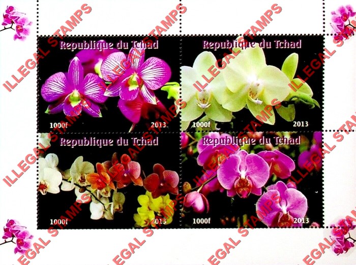 Chad 2013 Orchids Illegal Stamps in Souvenir Sheet of 4 Chad 2013 Orchids Illegal Stamps in Souvenir Sheet of 4