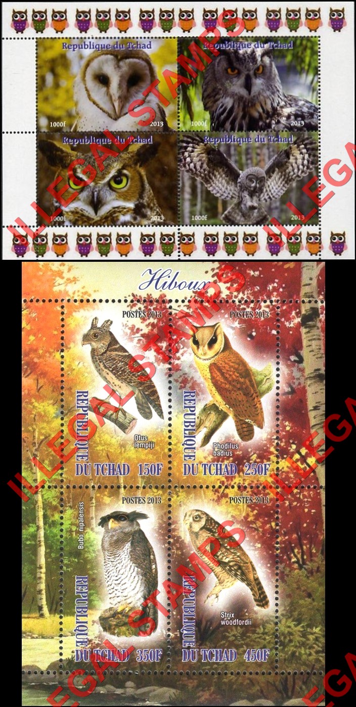 Chad 2013 Owls Illegal Stamps in Souvenir Sheets of 4 Chad 2013 Owls Illegal Stamps in Souvenir Sheets of 4