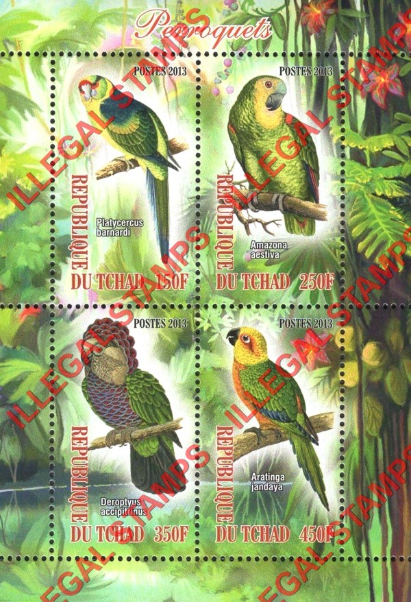 Chad 2013 Parrots Illegal Stamps in Souvenir Sheet of 4 Chad 2013 Parrots Illegal Stamps in Souvenir Sheet of 4