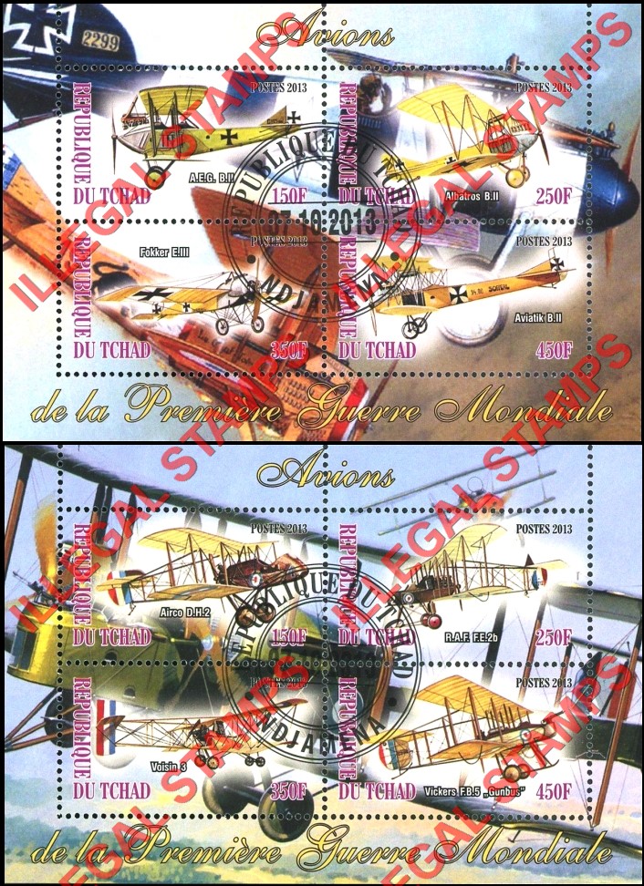 Chad 2013 World War I Fighter Planes Illegal Stamps in Souvenir Sheets of 4 Chad 2013 World War I Fighter Planes Illegal Stamps in Souvenir Sheets of 4