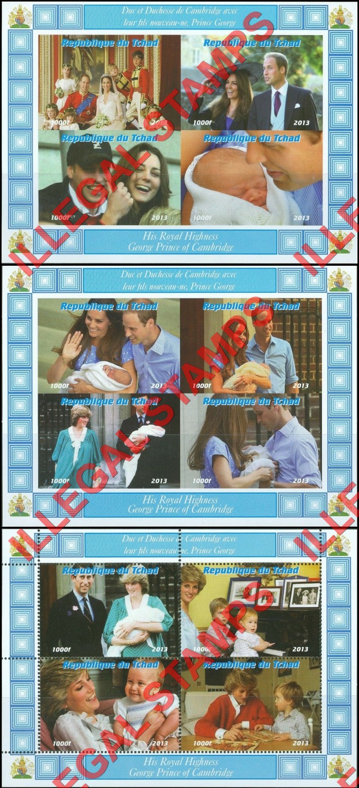 Chad 2013 Royal Baby Prince George Illegal Stamps in Souvenir Sheets of 4 (Part 1) Chad 2013 Royal Baby Prince George Illegal Stamps in Souvenir Sheets of 4 (Part 1)