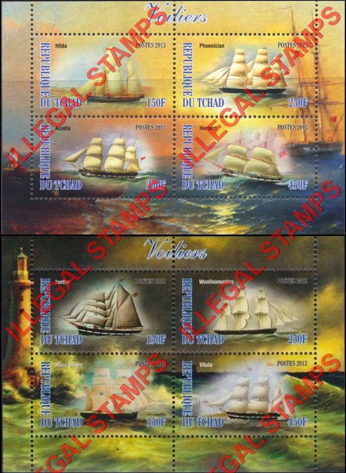 Chad 2013 Sailing Ships Illegal Stamps in Souvenir Sheets of 4 Chad 2013 Sailing Ships Illegal Stamps in Souvenir Sheets of 4