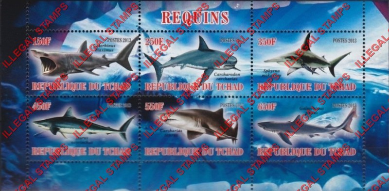 Chad 2013 Sharks Illegal Stamps in Souvenir Sheet of 6 Chad 2013 Sharks Illegal Stamps in Souvenir Sheet of 6