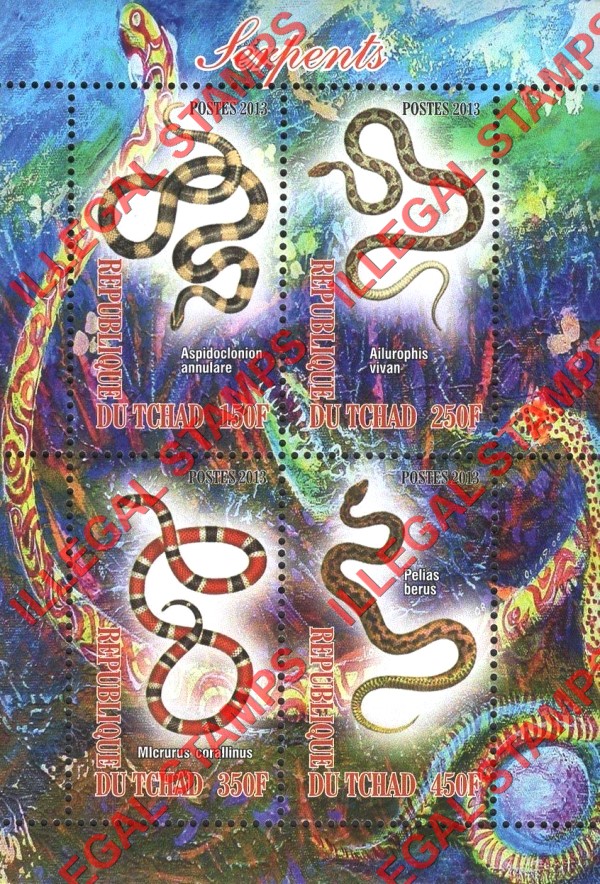 Chad 2013 Snakes Serpents Illegal Stamps in Souvenir Sheet of 4 Chad 2013 Snakes Serpents Illegal Stamps in Souvenir Sheet of 4