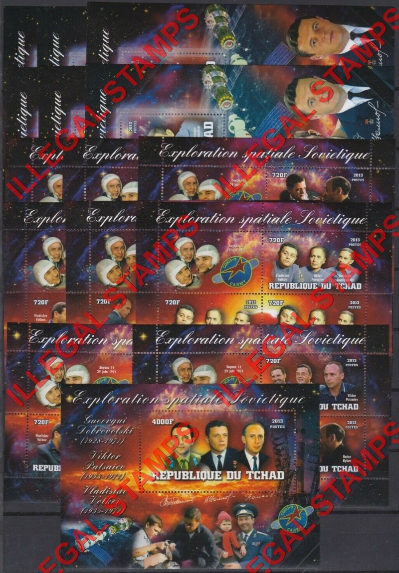 Chad 2013 Soviet Space Exploration Soyuz 11 Dobrovolsky and Volkov Illegal Stamps in Souvenir Sheets of 6 and 1 Chad 2013 Soviet Space Exploration Soyuz 11 Dobrovolsky and Volkov Illegal Stamps in Souvenir Sheets of 6 and 1