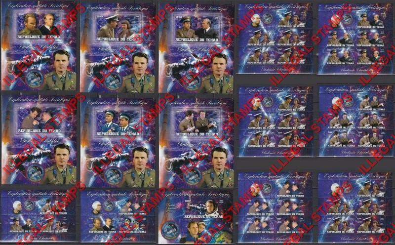 Chad 2013 Soviet Space Exploration Soyuz 4 Shatalov Illegal Stamps in Souvenir Sheets of 6 and 1 Chad 2013 Soviet Space Exploration Soyuz 4 Shatalov Illegal Stamps in Souvenir Sheets of 6 and 1