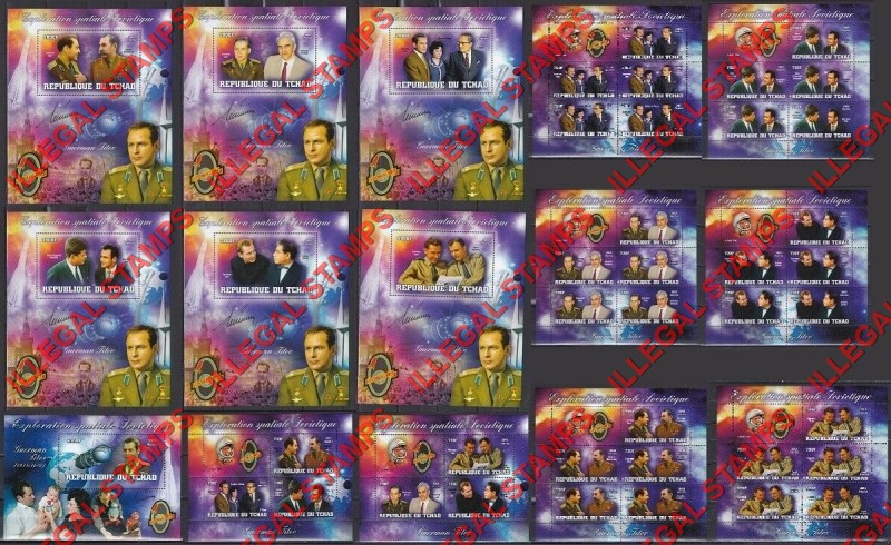 Chad 2013 Soviet Space Exploration Vostok 2 Titov and Gagarine Illegal Stamps in Souvenir Sheets of 6 and 1 Chad 2013 Soviet Space Exploration Vostok 2 Titov and Gagarine Illegal Stamps in Souvenir Sheets of 6 and 1