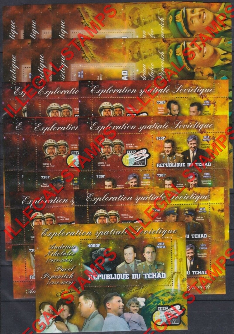 Chad 2013 Soviet Space Exploration Vostok 3 and 4 Popovich and Nikolalev Illegal Stamps in Souvenir Sheets of 6 and 1 Chad 2013 Soviet Space Exploration Vostok 3 and 4 Popovich and Nikolalev Illegal Stamps in Souvenir Sheets of 6 and 1