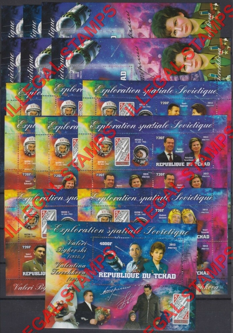 Chad 2013 Soviet Space Exploration Vostok 5 and 6 Tereshkova and Bykovski Illegal Stamps in Souvenir Sheets of 6 and 1 Chad 2013 Soviet Space Exploration Vostok 5 and 6 Tereshkova and Bykovski Illegal Stamps in Souvenir Sheets of 6 and 1